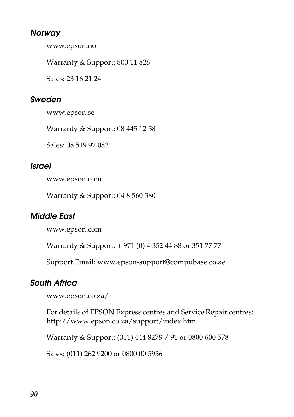 Norway, Sweden, Israel | Middle east, South africa | Epson 925 User Manual | Page 96 / 112