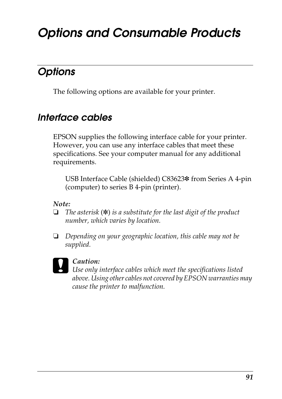 Options and consumable products, Options, Interface cables | Epson 925 User Manual | Page 97 / 112