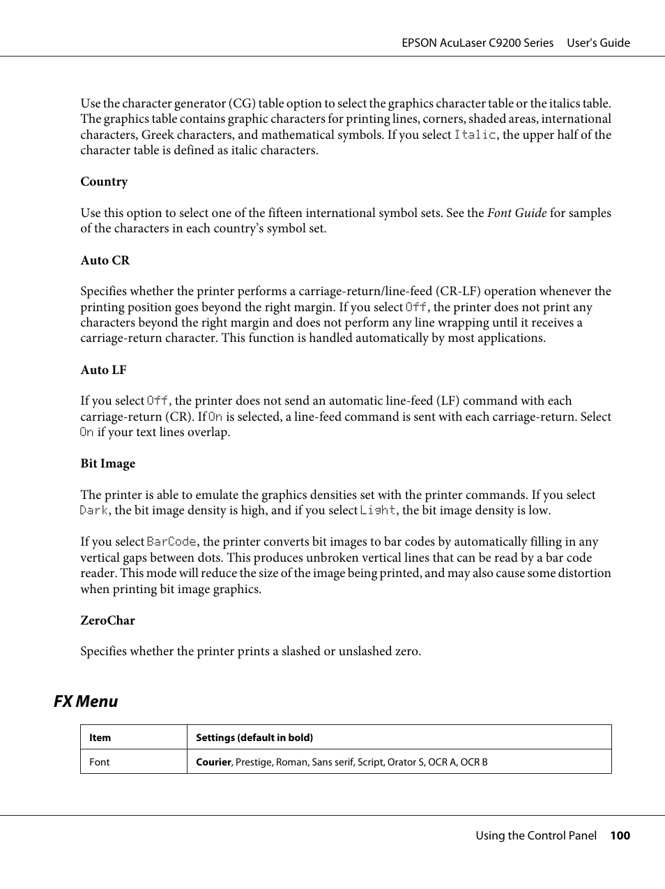 Fx menu | Epson AcuLaser C9200 Series User Manual | Page 100 / 271