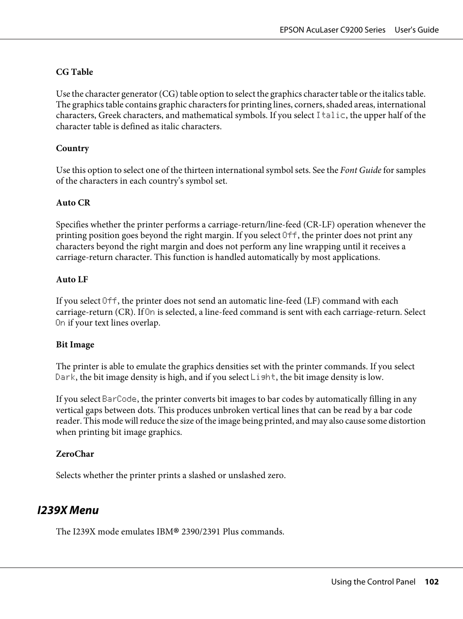 I239x menu | Epson AcuLaser C9200 Series User Manual | Page 102 / 271