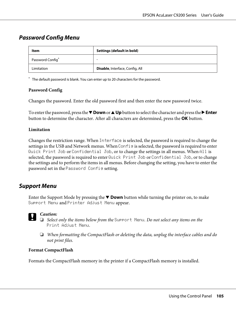 Password config menu, Support menu, Password config menu support menu | Epson AcuLaser C9200 Series User Manual | Page 105 / 271