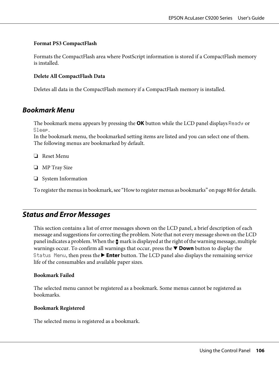 Bookmark menu, Status and error messages | Epson AcuLaser C9200 Series User Manual | Page 106 / 271