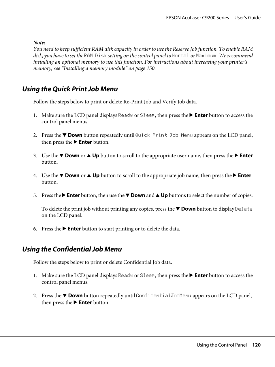 Using the quick print job menu, Using the confidential job menu | Epson AcuLaser C9200 Series User Manual | Page 120 / 271