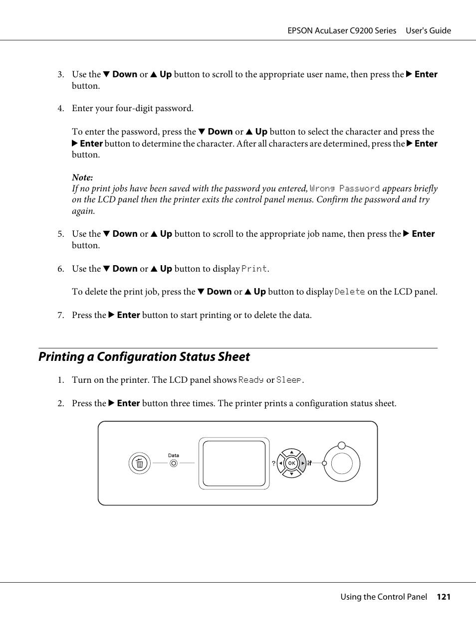 Printing a configuration status sheet | Epson AcuLaser C9200 Series User Manual | Page 121 / 271