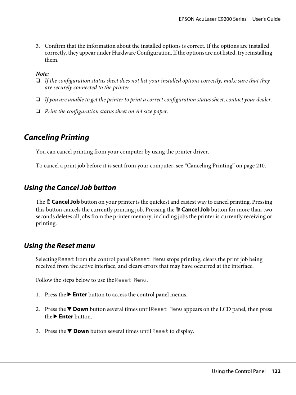 Canceling printing, Using the cancel job button, Using the reset menu | Using the cancel job button using the reset menu | Epson AcuLaser C9200 Series User Manual | Page 122 / 271