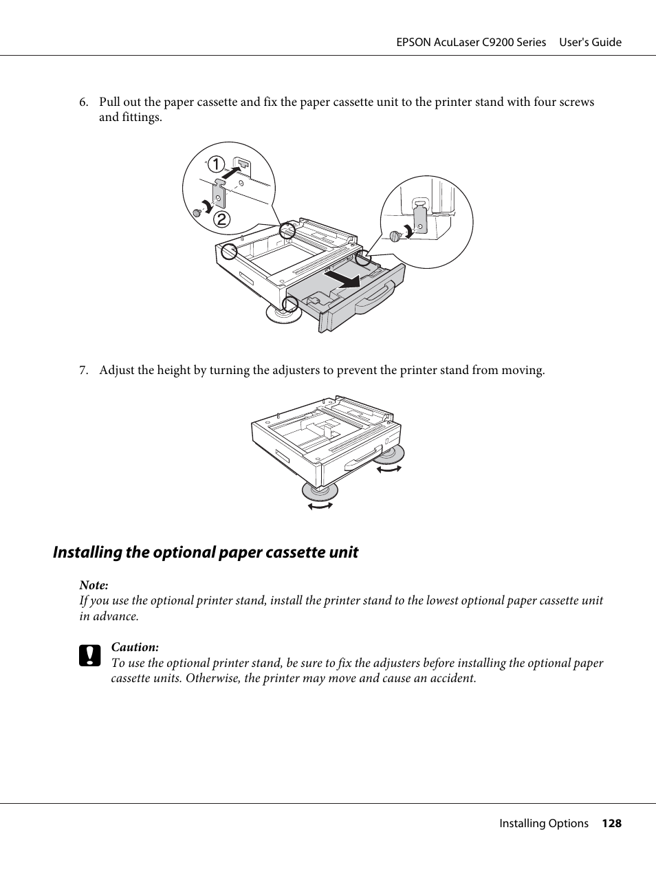 Installing the optional paper cassette unit | Epson AcuLaser C9200 Series User Manual | Page 128 / 271