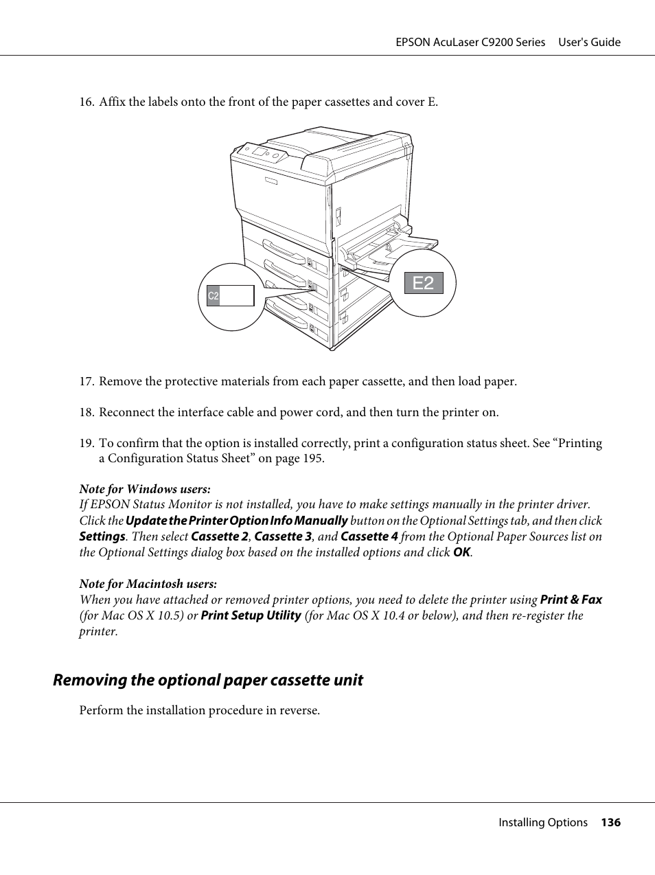 Removing the optional paper cassette unit | Epson AcuLaser C9200 Series User Manual | Page 136 / 271