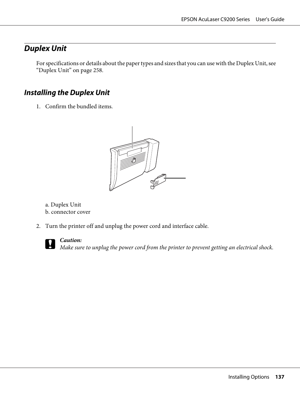 Duplex unit, Installing the duplex unit | Epson AcuLaser C9200 Series User Manual | Page 137 / 271