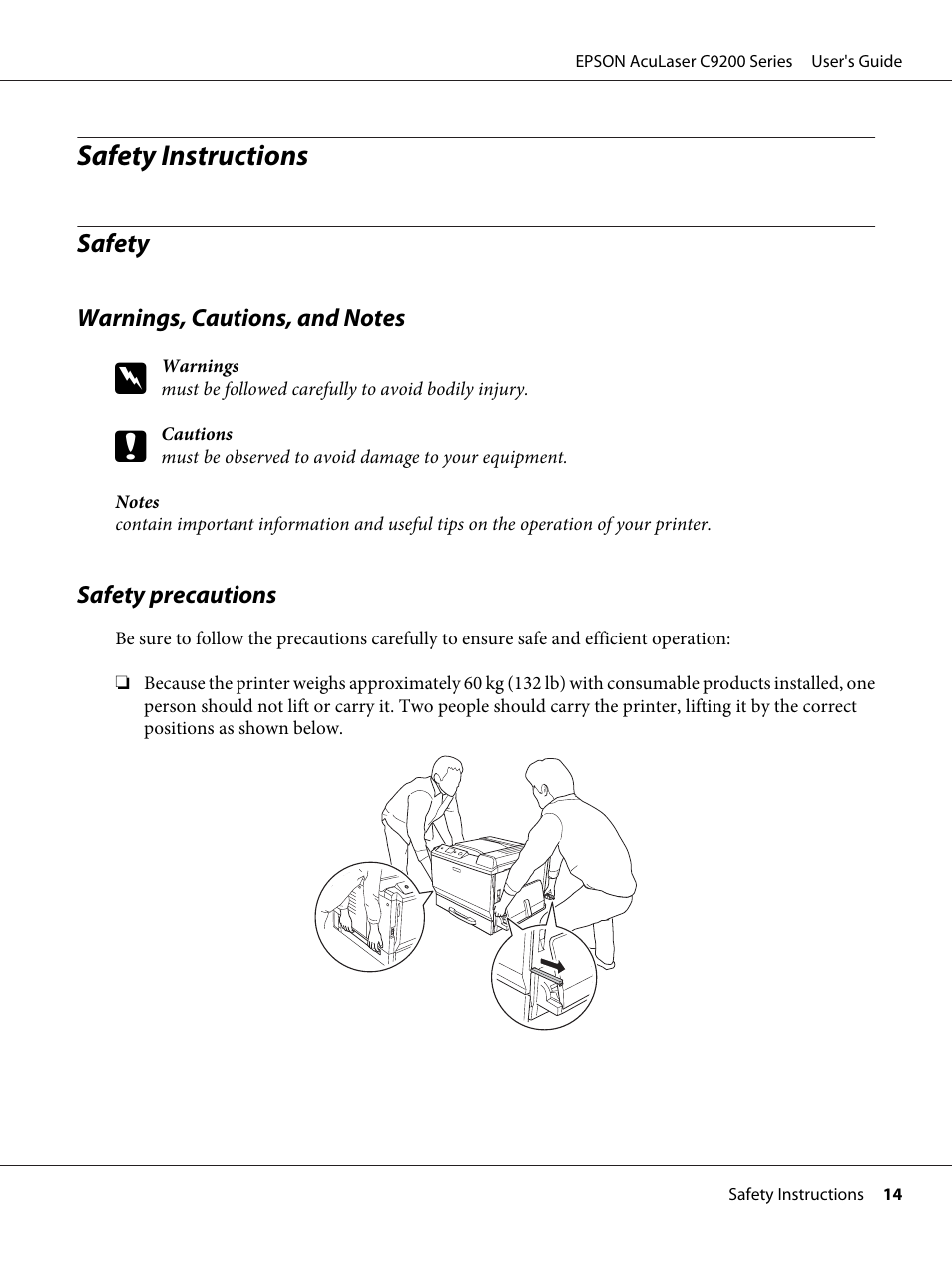 Safety instructions, Safety, Warnings, cautions, and notes | Safety precautions, Warnings, cautions, and notes safety precautions | Epson AcuLaser C9200 Series User Manual | Page 14 / 271