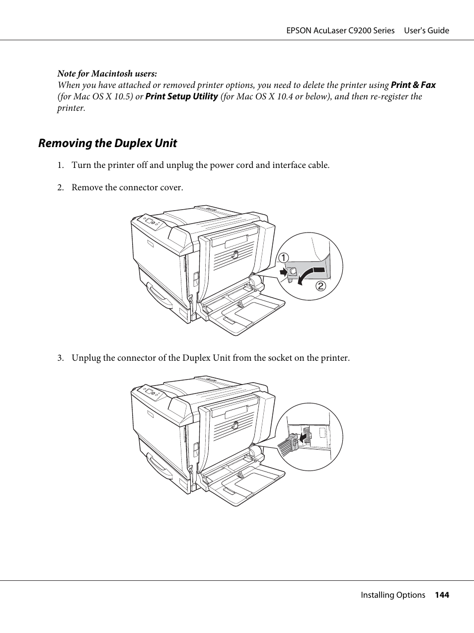Removing the duplex unit | Epson AcuLaser C9200 Series User Manual | Page 144 / 271