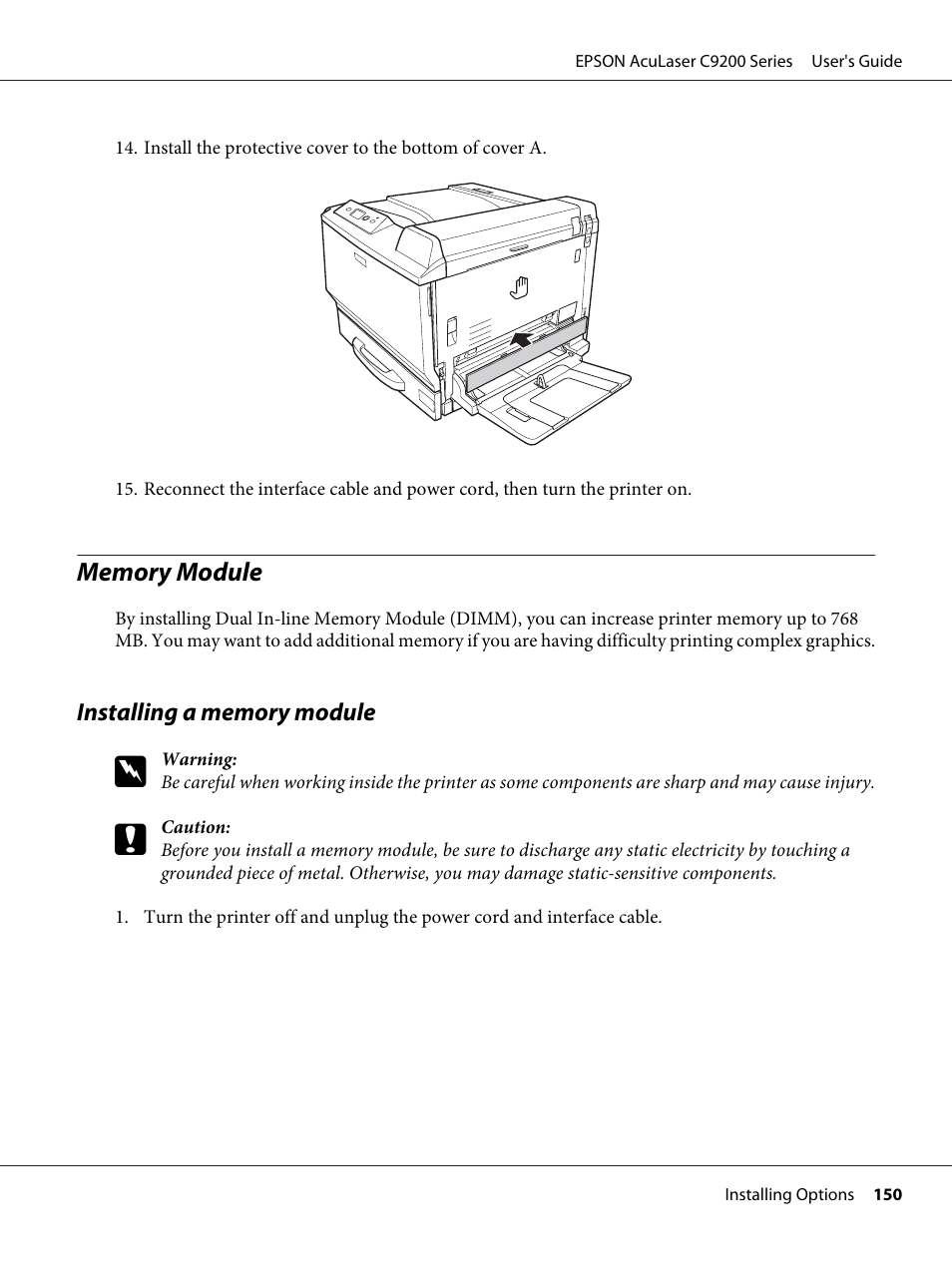 Memory module, Installing a memory module | Epson AcuLaser C9200 Series User Manual | Page 150 / 271