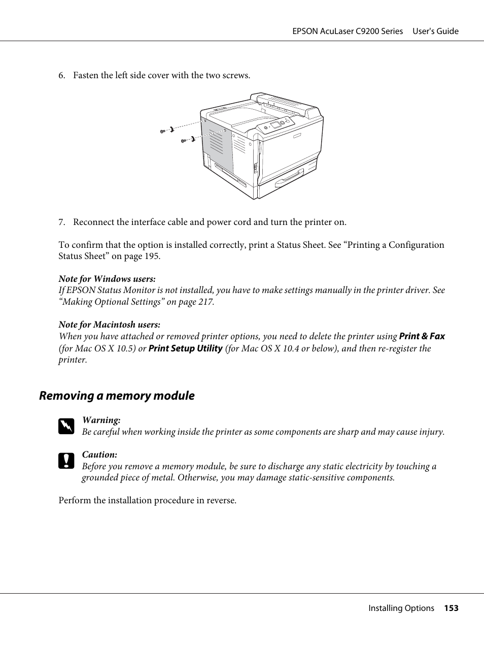 Removing a memory module | Epson AcuLaser C9200 Series User Manual | Page 153 / 271