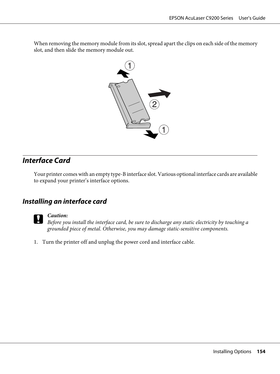 Interface card, Installing an interface card | Epson AcuLaser C9200 Series User Manual | Page 154 / 271