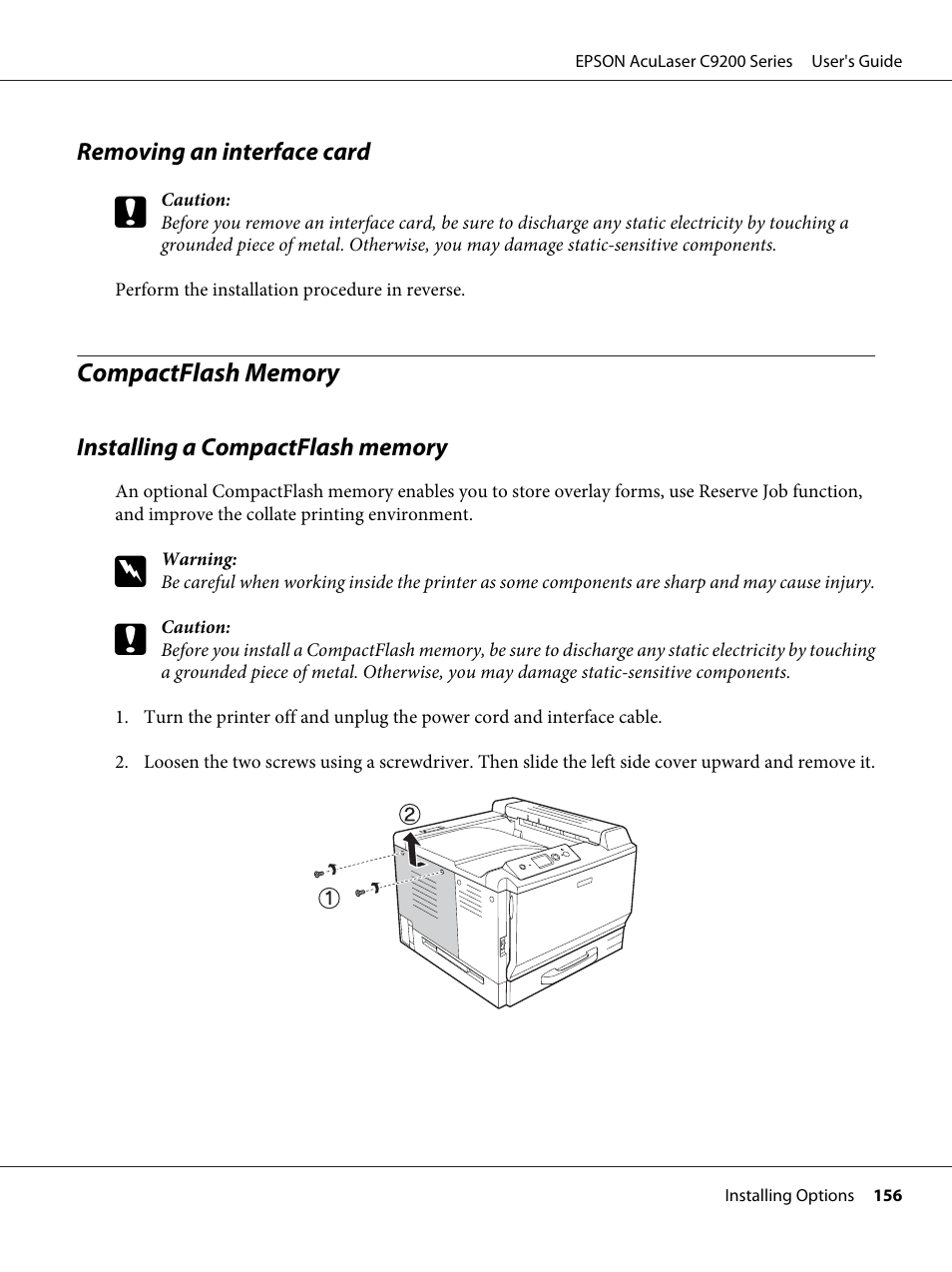 Removing an interface card, Compactflash memory, Installing a compactflash memory | Epson AcuLaser C9200 Series User Manual | Page 156 / 271