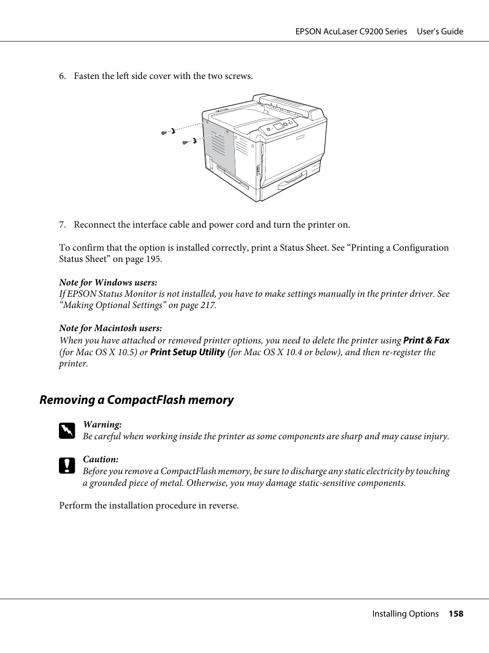 Removing a compactflash memory | Epson AcuLaser C9200 Series User Manual | Page 158 / 271