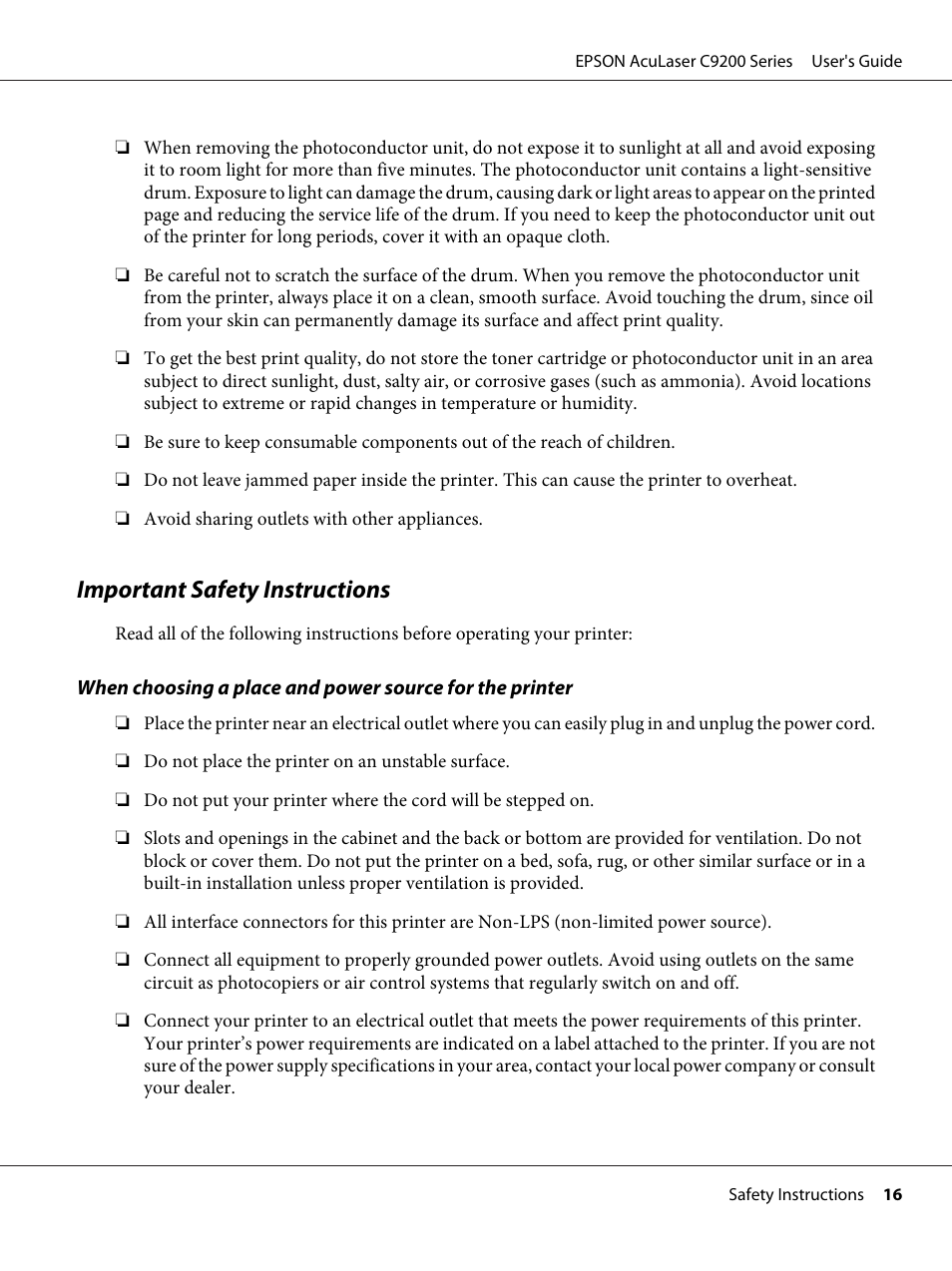 Important safety instructions | Epson AcuLaser C9200 Series User Manual | Page 16 / 271