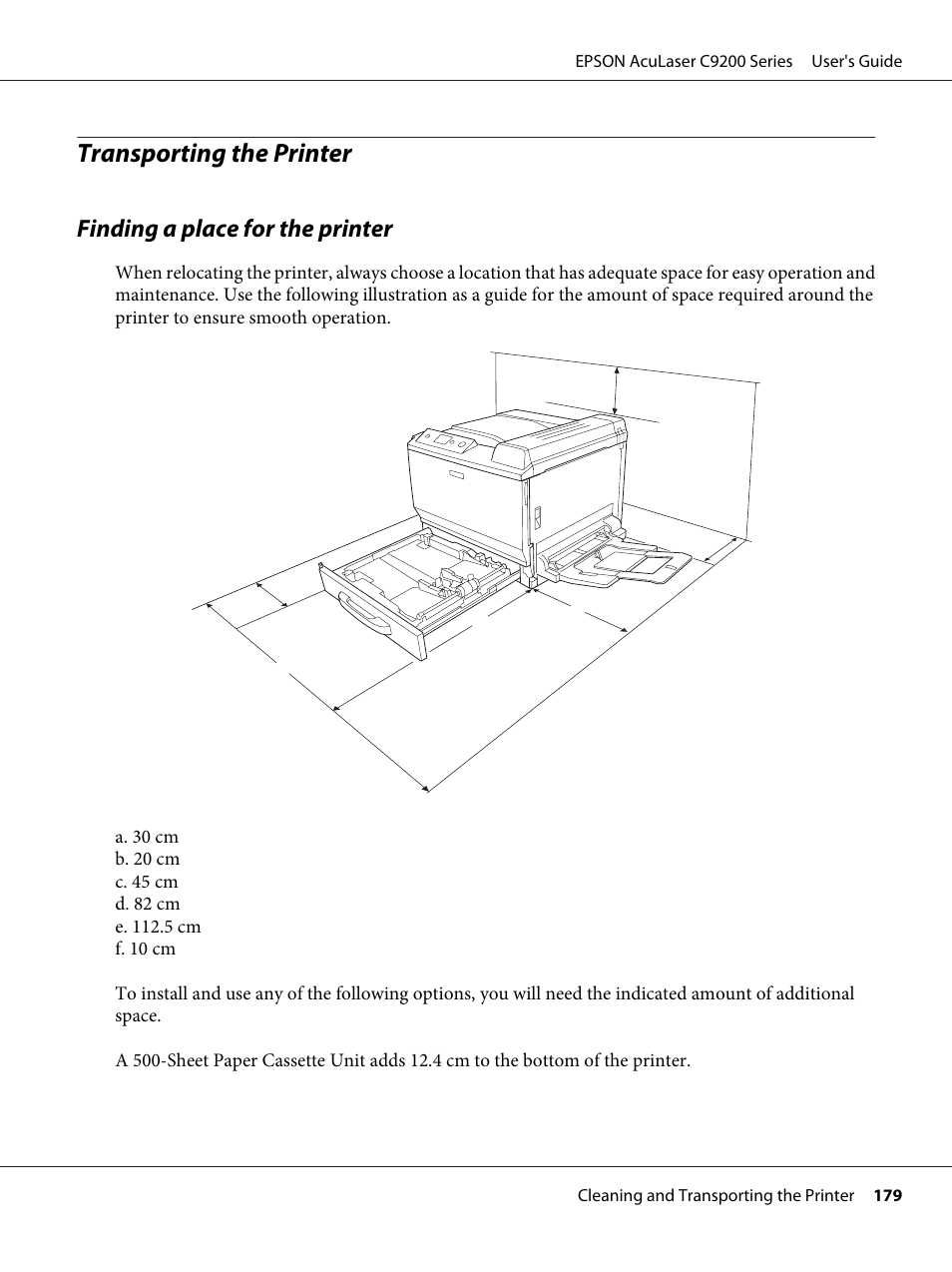 Transporting the printer, Finding a place for the printer | Epson AcuLaser C9200 Series User Manual | Page 179 / 271