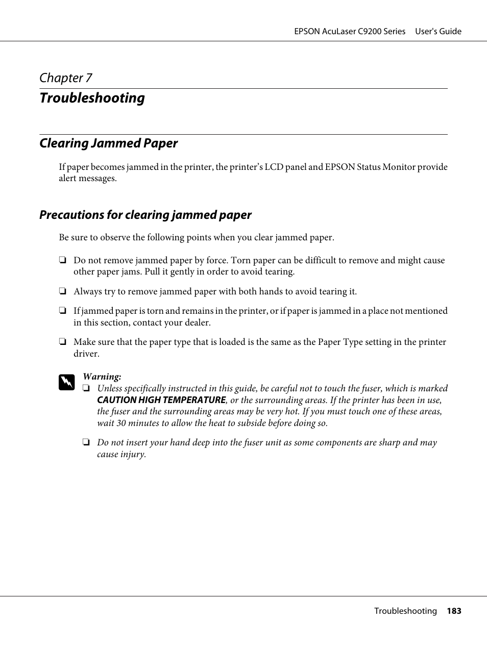 Troubleshooting, Clearing jammed paper, Precautions for clearing jammed paper | Chapter 7 troubleshooting, Chapter 7 | Epson AcuLaser C9200 Series User Manual | Page 183 / 271