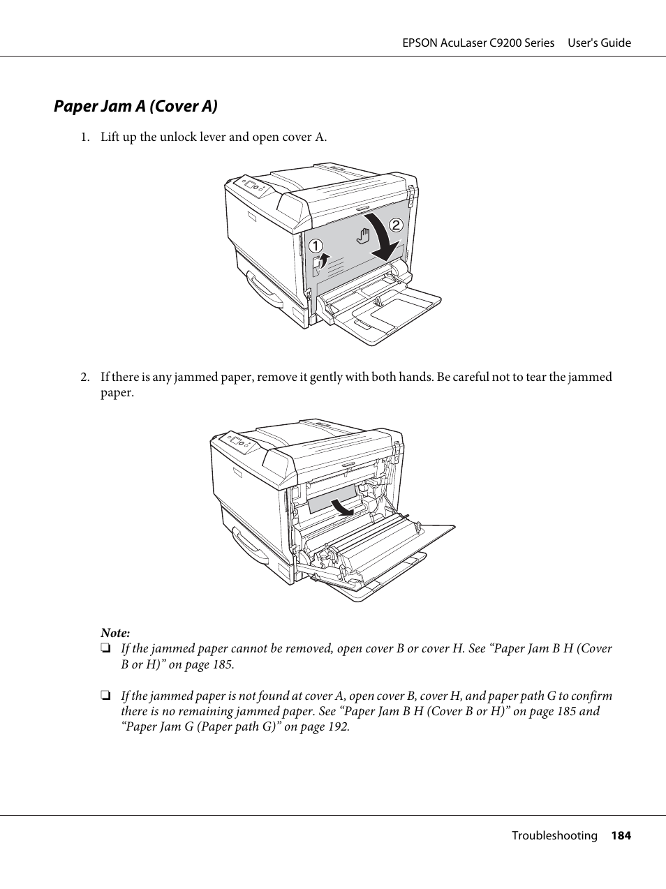 Paper jam a (cover a) | Epson AcuLaser C9200 Series User Manual | Page 184 / 271