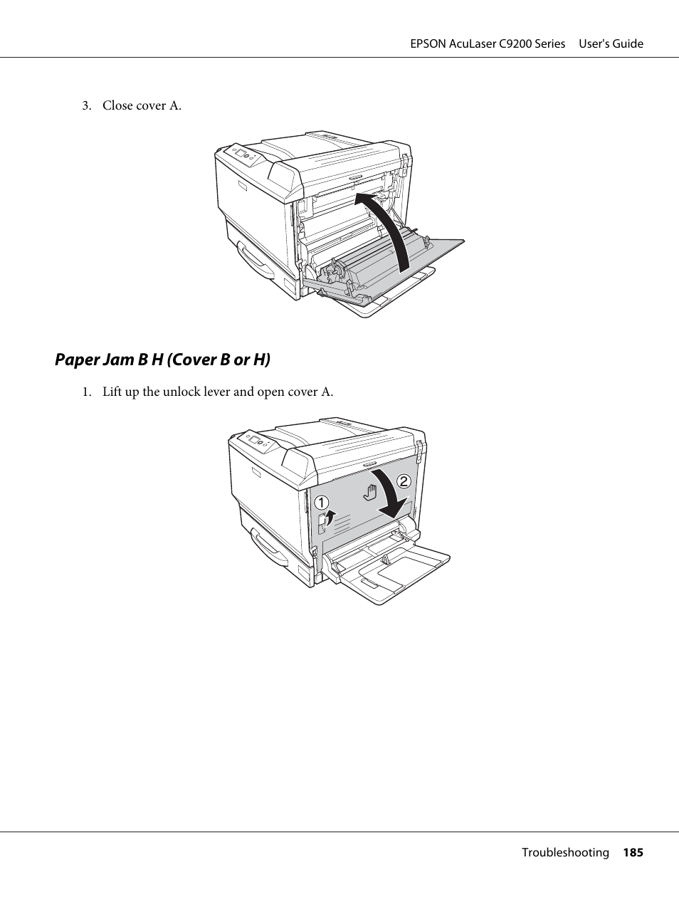 Paper jam b h (cover b or h), See “paper jam b h (cover | Epson AcuLaser C9200 Series User Manual | Page 185 / 271