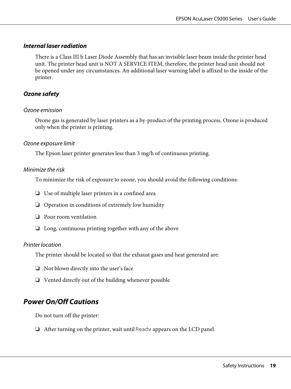 Power on/off cautions | Epson AcuLaser C9200 Series User Manual | Page 19 / 271