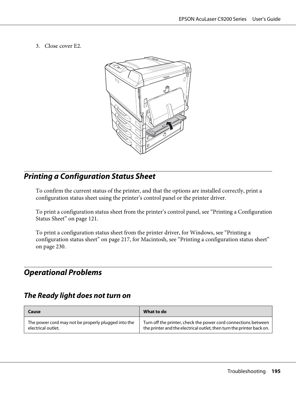 Printing a configuration status sheet, Operational problems, The ready light does not turn on | Epson AcuLaser C9200 Series User Manual | Page 195 / 271