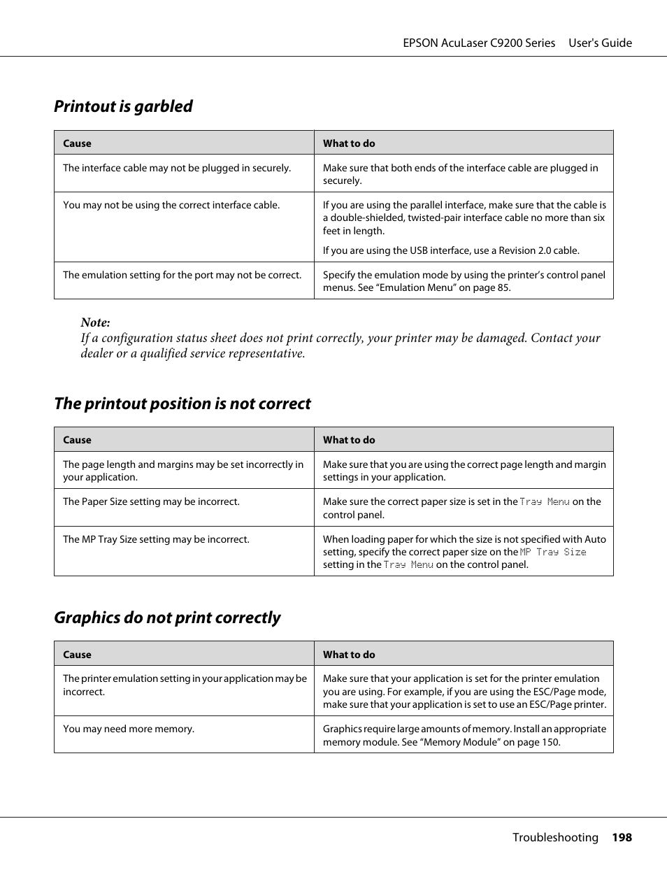 Printout is garbled, The printout position is not correct, Graphics do not print correctly | Epson AcuLaser C9200 Series User Manual | Page 198 / 271