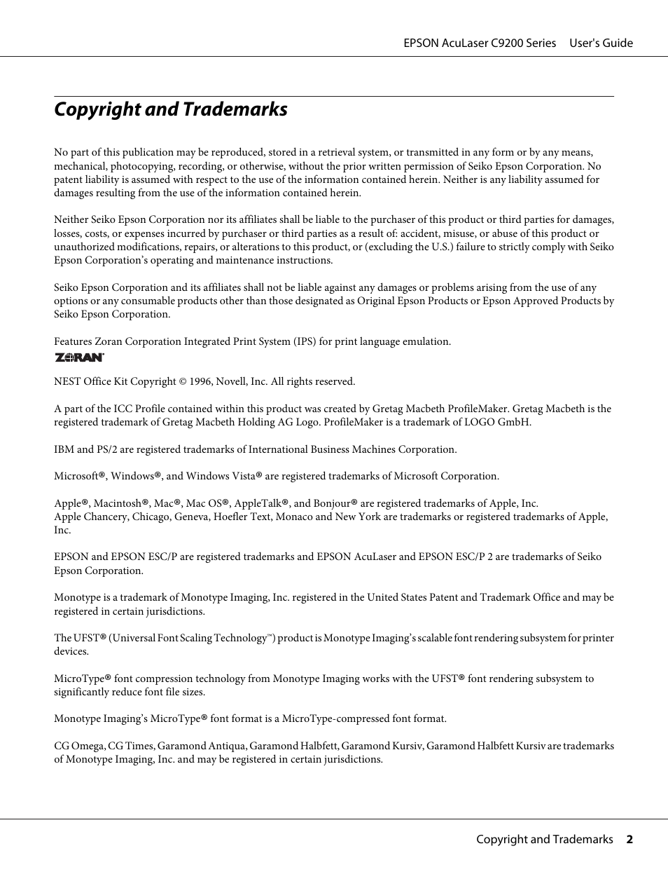 Copyright and trademarks | Epson AcuLaser C9200 Series User Manual | Page 2 / 271