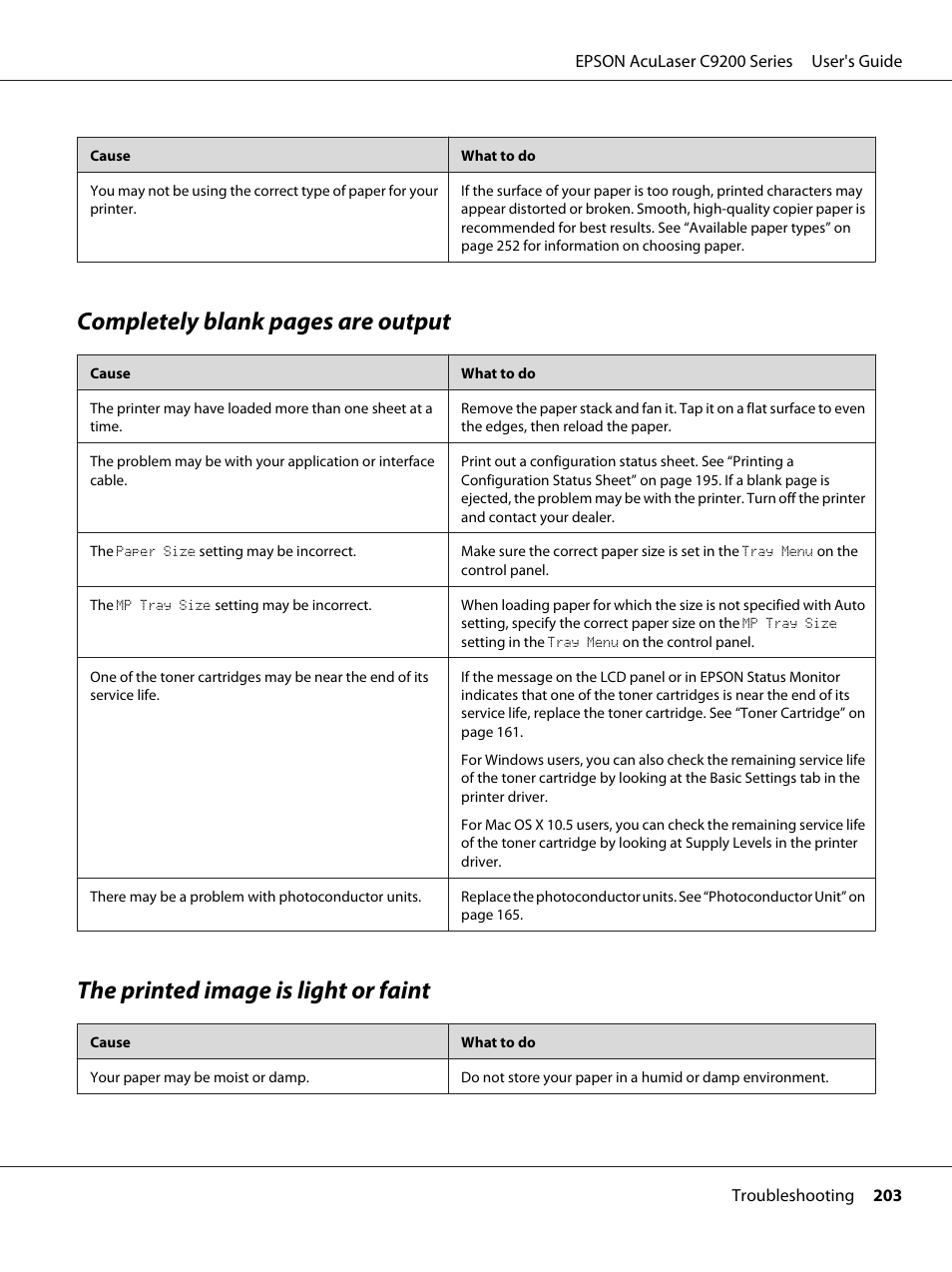 The printed image is light or faint, Completely blank pages are output | Epson AcuLaser C9200 Series User Manual | Page 203 / 271