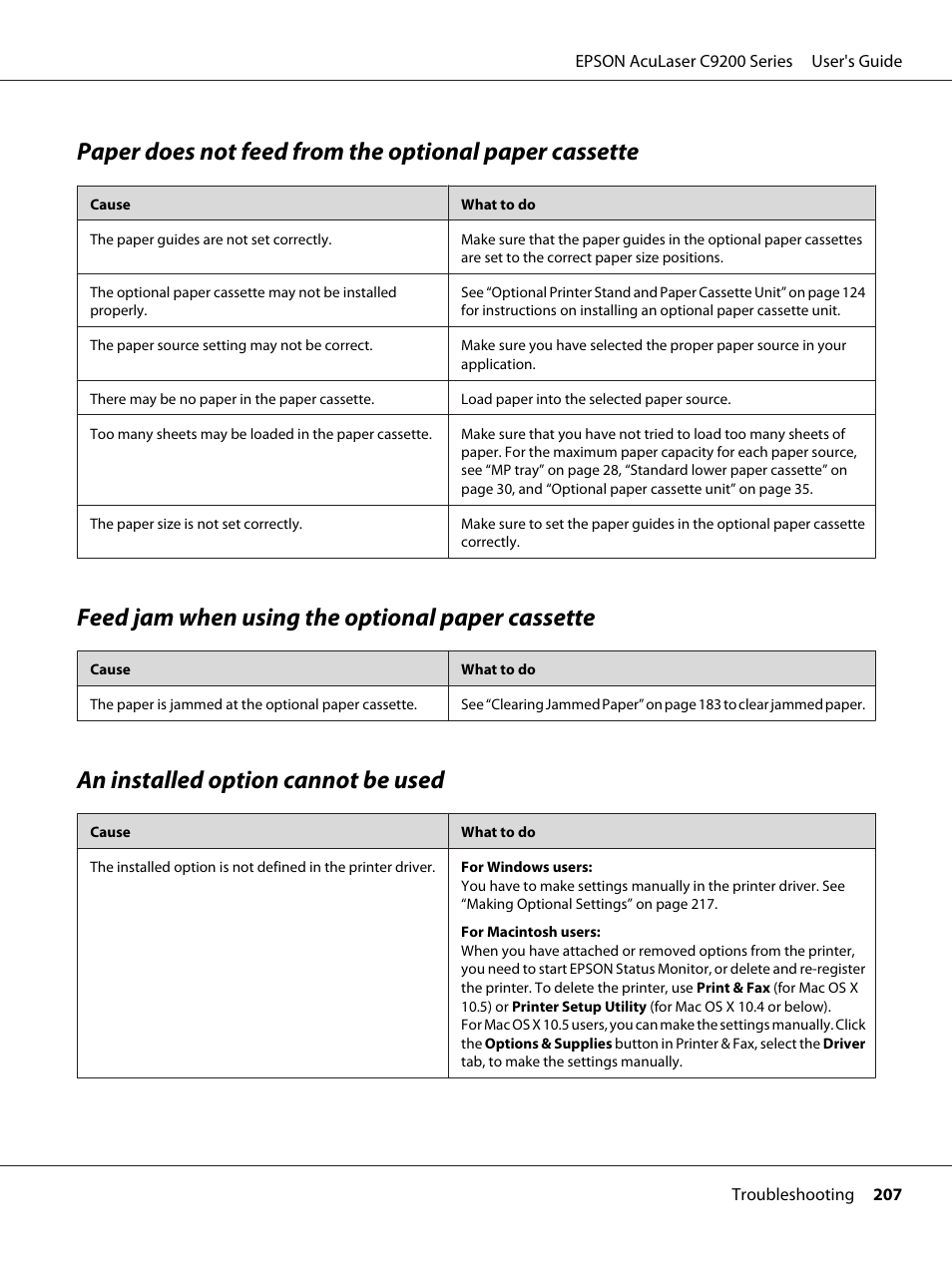 Feed jam when using the optional paper cassette, An installed option cannot be used | Epson AcuLaser C9200 Series User Manual | Page 207 / 271