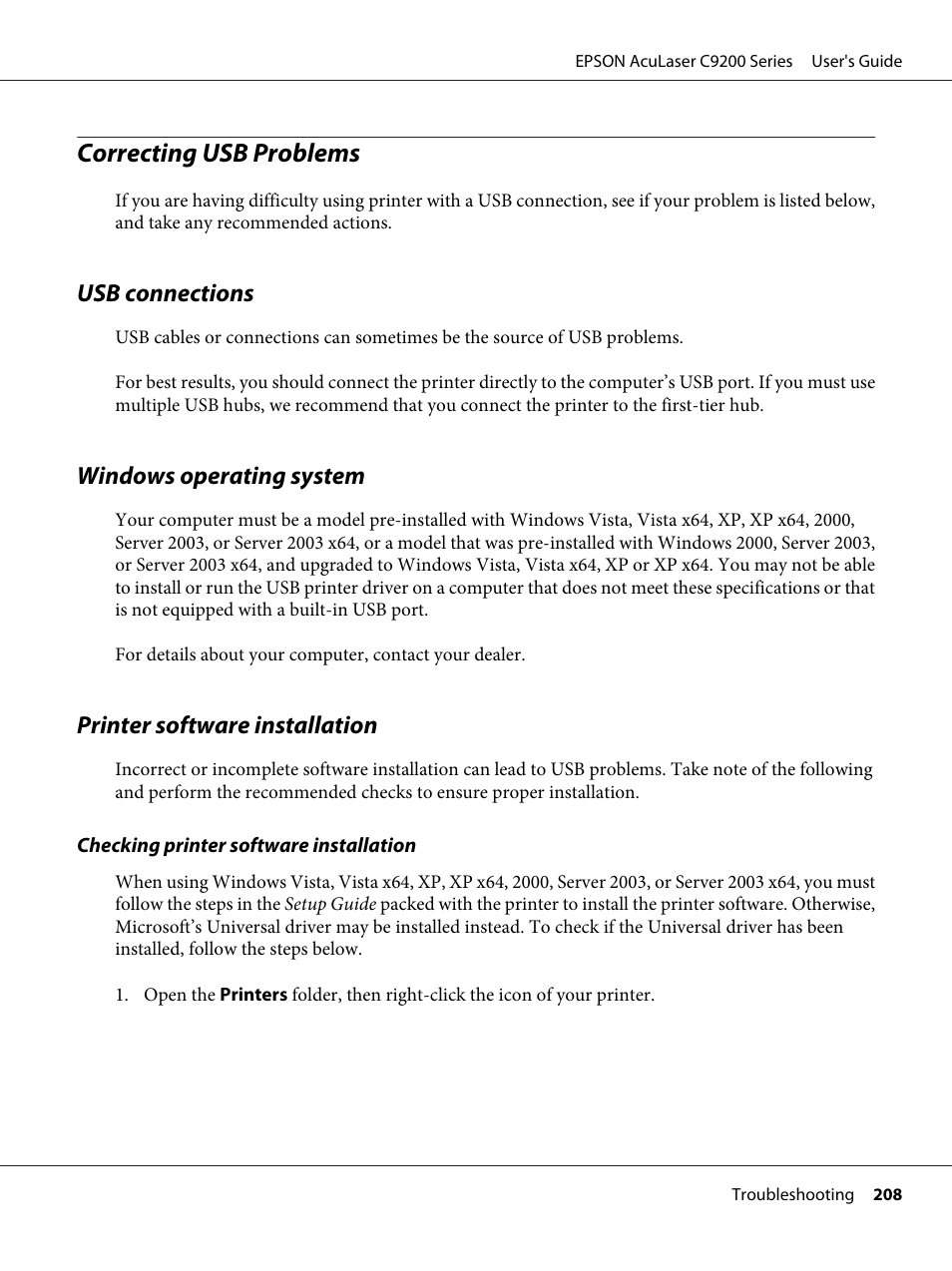 Correcting usb problems, Usb connections, Windows operating system | Printer software installation | Epson AcuLaser C9200 Series User Manual | Page 208 / 271
