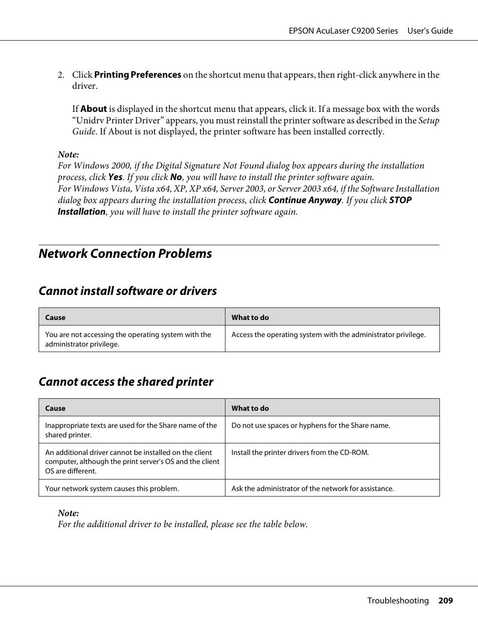 Network connection problems, Cannot install software or drivers, Cannot access the shared printer | Epson AcuLaser C9200 Series User Manual | Page 209 / 271