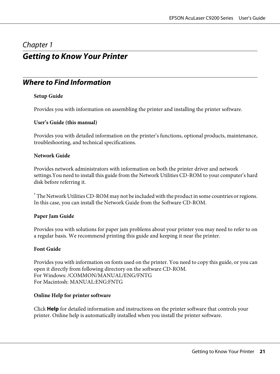Getting to know your printer, Where to find information, Chapter 1 getting to know your printer | Chapter 1 | Epson AcuLaser C9200 Series User Manual | Page 21 / 271