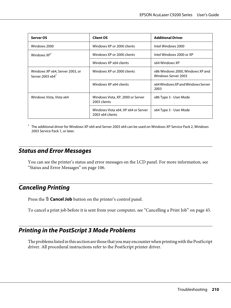 Status and error messages, Canceling printing, Printing in the postscript 3 mode problems | Epson AcuLaser C9200 Series User Manual | Page 210 / 271