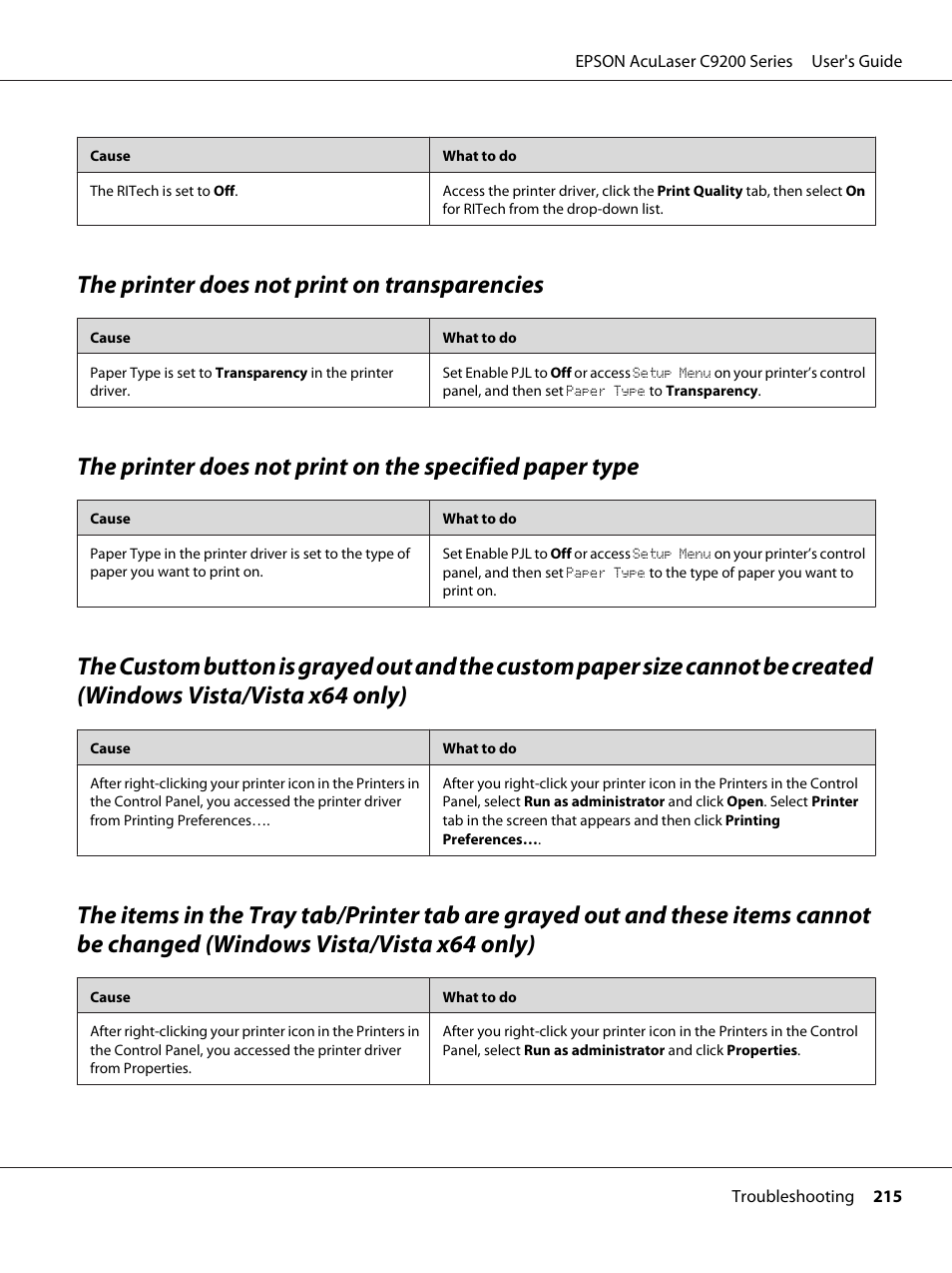 The printer does not print on transparencies, X64 only), Vista/vista x64 only) | Epson AcuLaser C9200 Series User Manual | Page 215 / 271