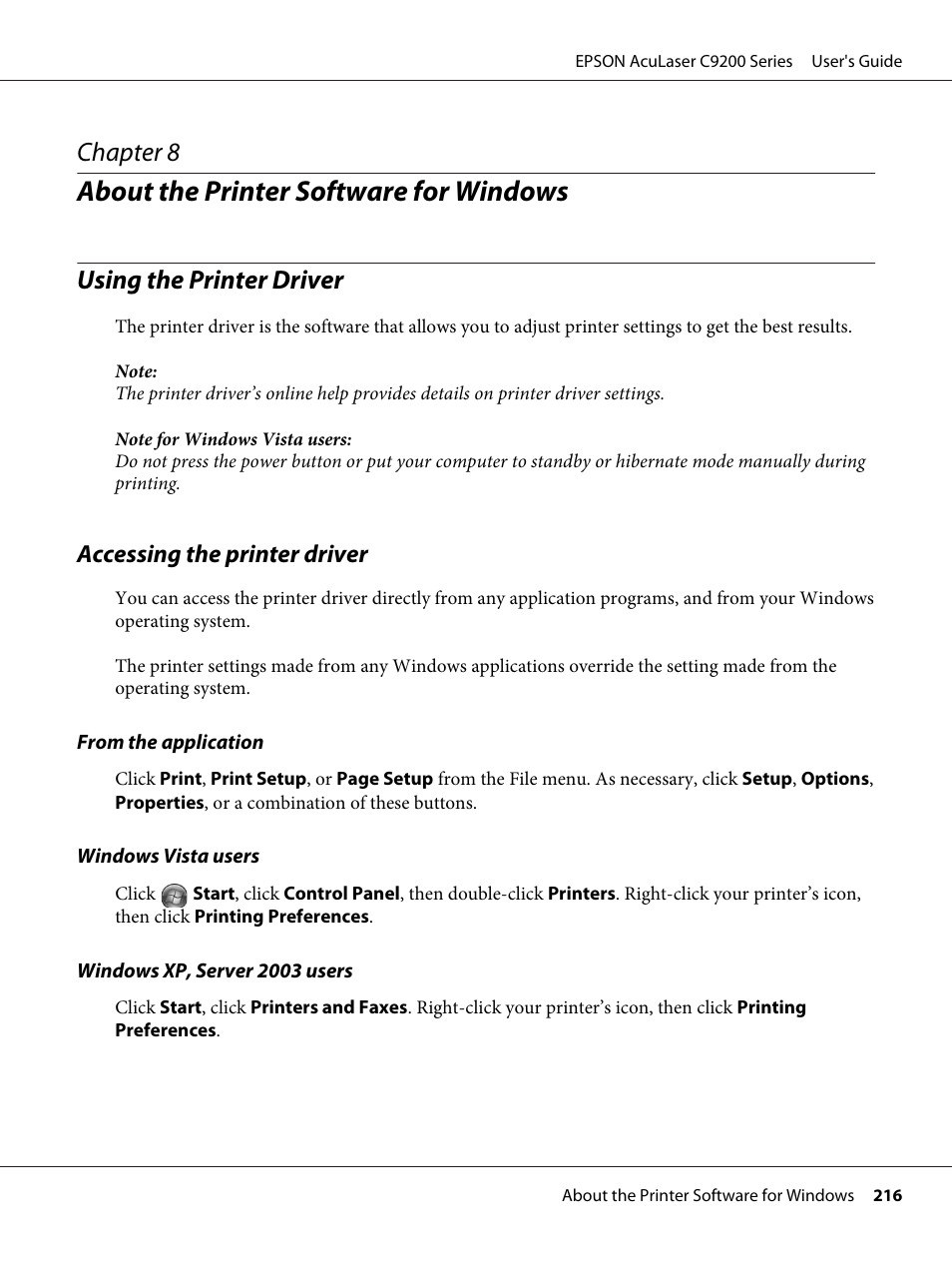 About the printer software for windows, Using the printer driver, Accessing the printer driver | Chapter 8 about the printer software for windows, Chapter 8 | Epson AcuLaser C9200 Series User Manual | Page 216 / 271