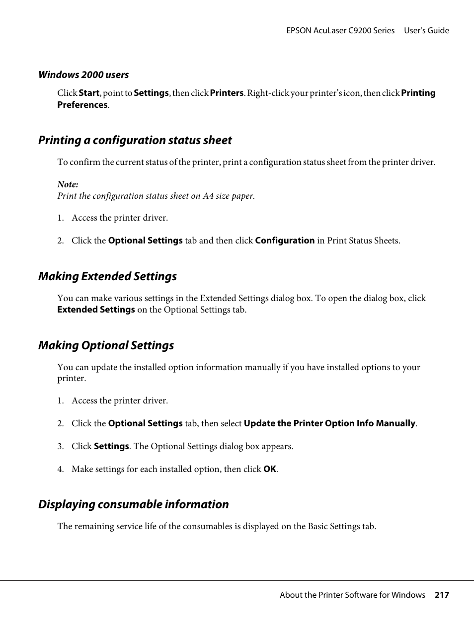 Printing a configuration status sheet, Making extended settings, Making optional settings | Displaying consumable information | Epson AcuLaser C9200 Series User Manual | Page 217 / 271