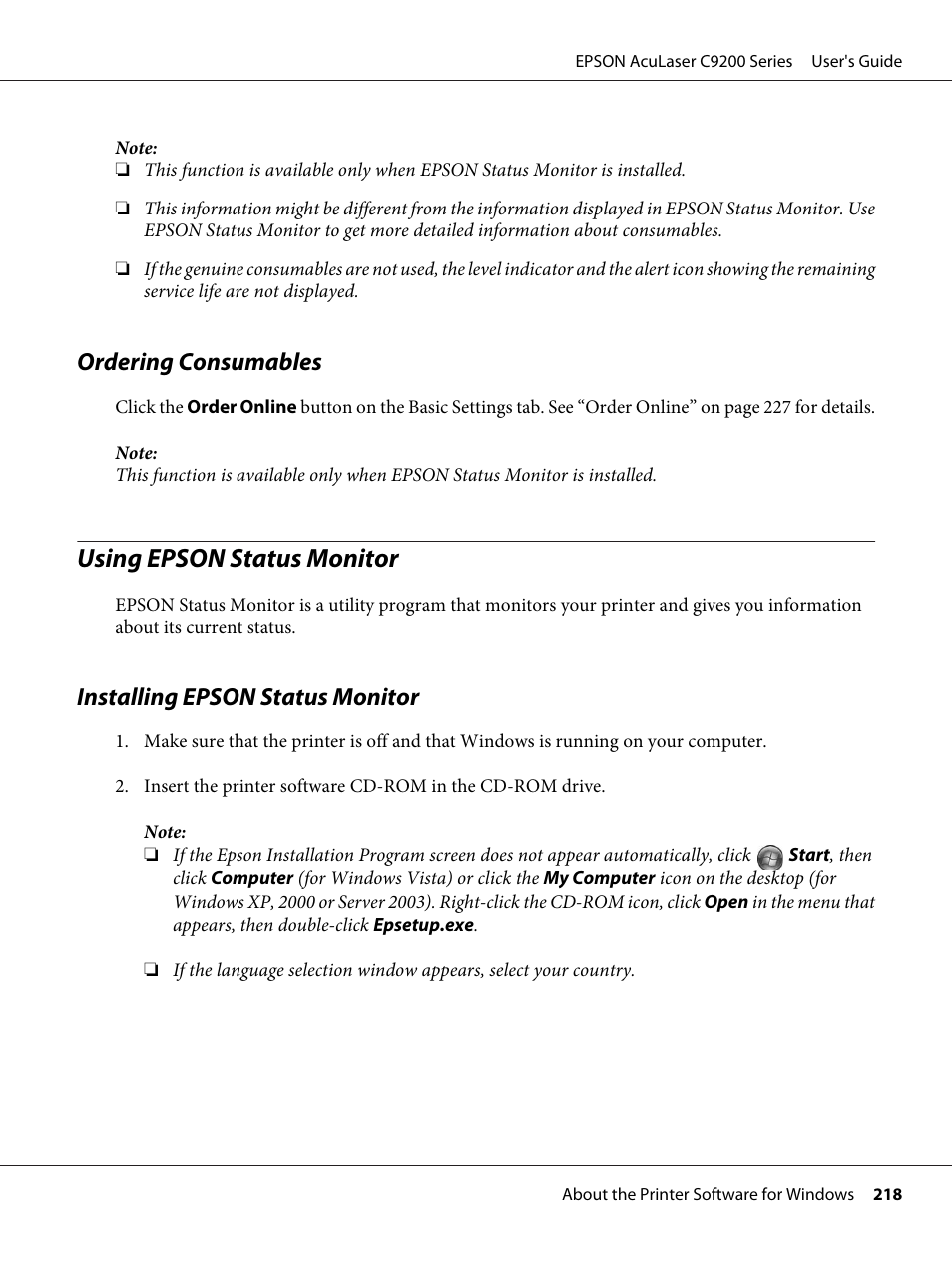 Ordering consumables, Using epson status monitor, Installing epson status monitor | Epson AcuLaser C9200 Series User Manual | Page 218 / 271