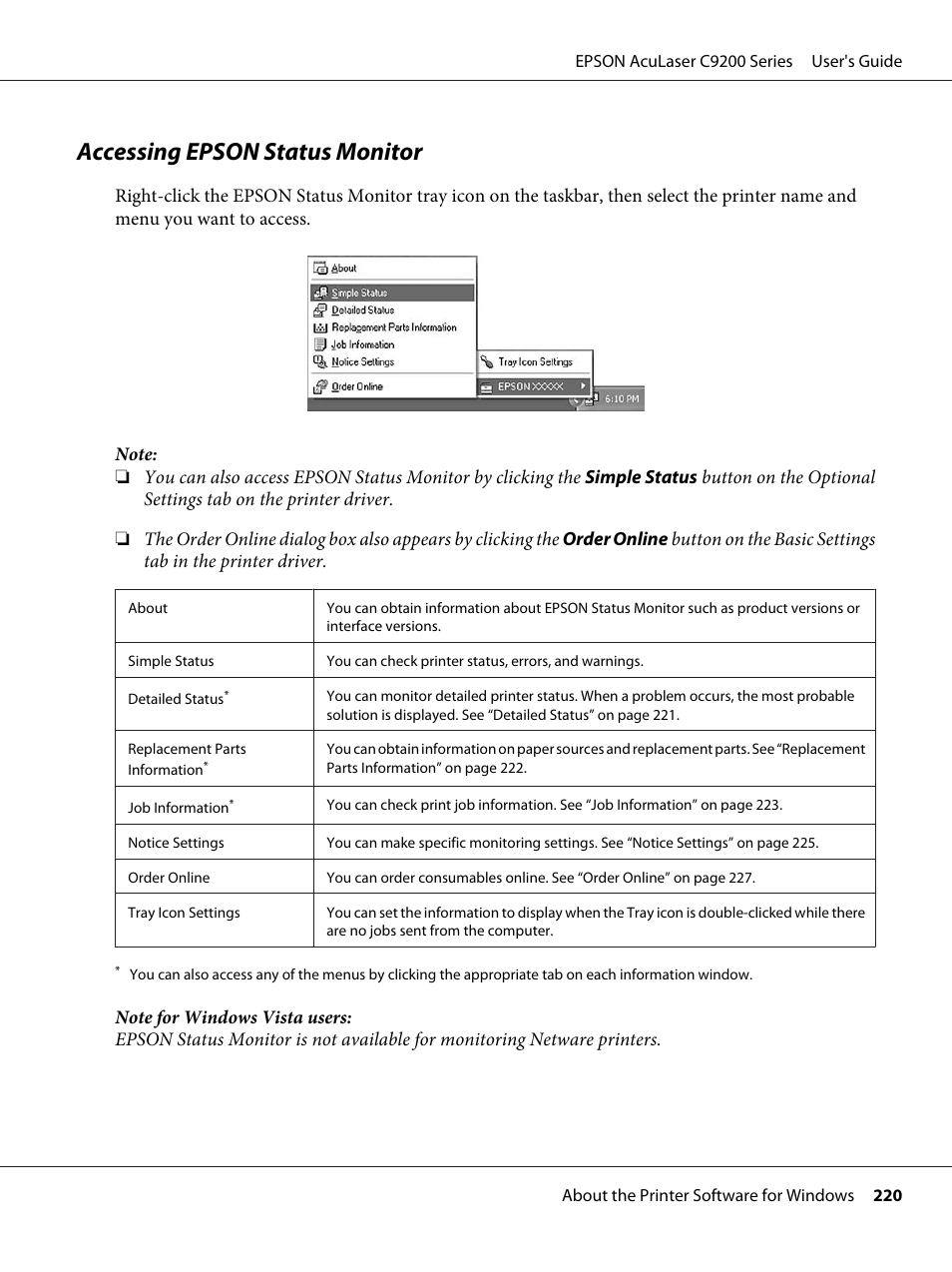 Accessing epson status monitor | Epson AcuLaser C9200 Series User Manual | Page 220 / 271