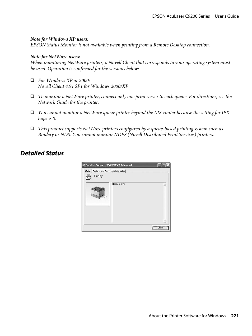 Detailed status | Epson AcuLaser C9200 Series User Manual | Page 221 / 271