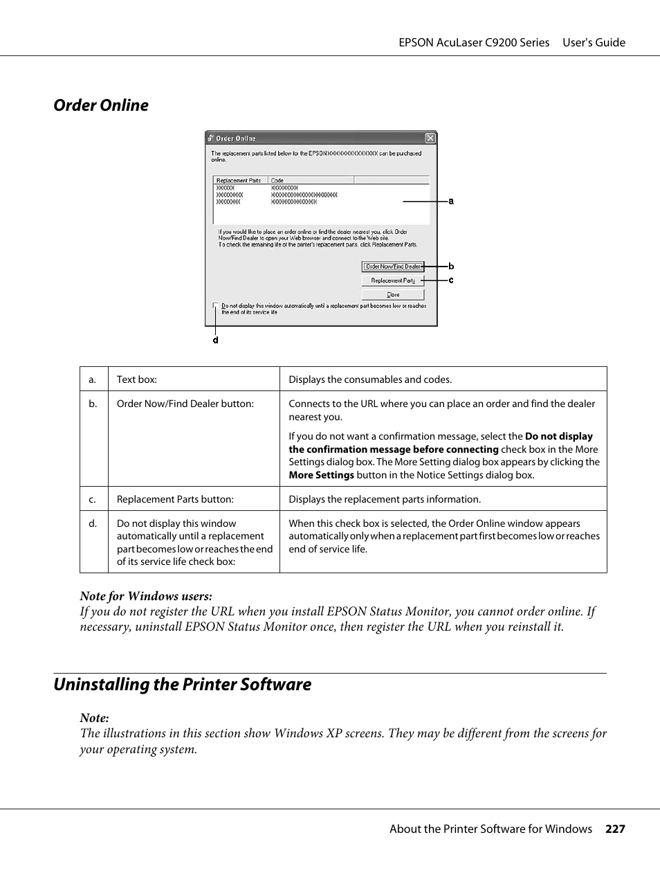 Order online, Uninstalling the printer software | Epson AcuLaser C9200 Series User Manual | Page 227 / 271