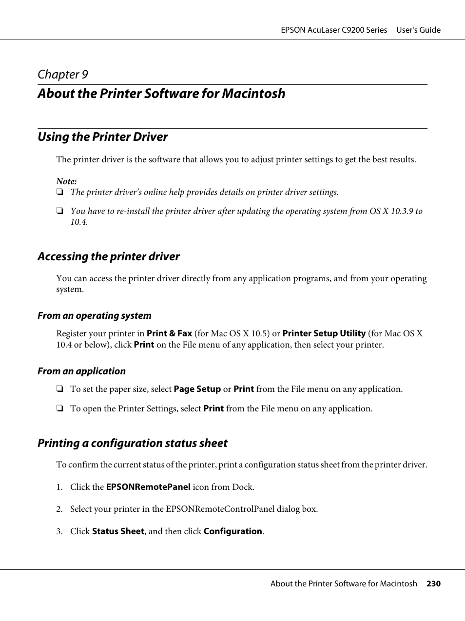 About the printer software for macintosh, Using the printer driver, Accessing the printer driver | Printing a configuration status sheet, Chapter 9 about the printer software for macintosh, Chapter 9 | Epson AcuLaser C9200 Series User Manual | Page 230 / 271