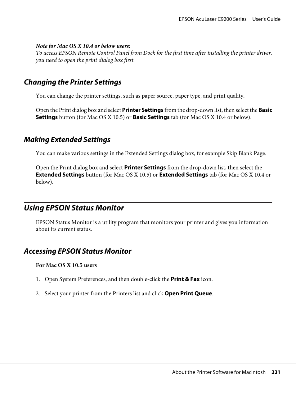 Changing the printer settings, Making extended settings, Using epson status monitor | Accessing epson status monitor | Epson AcuLaser C9200 Series User Manual | Page 231 / 271