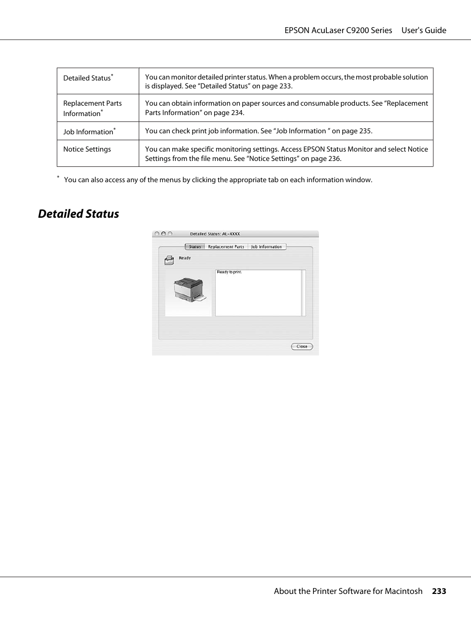 Detailed status | Epson AcuLaser C9200 Series User Manual | Page 233 / 271