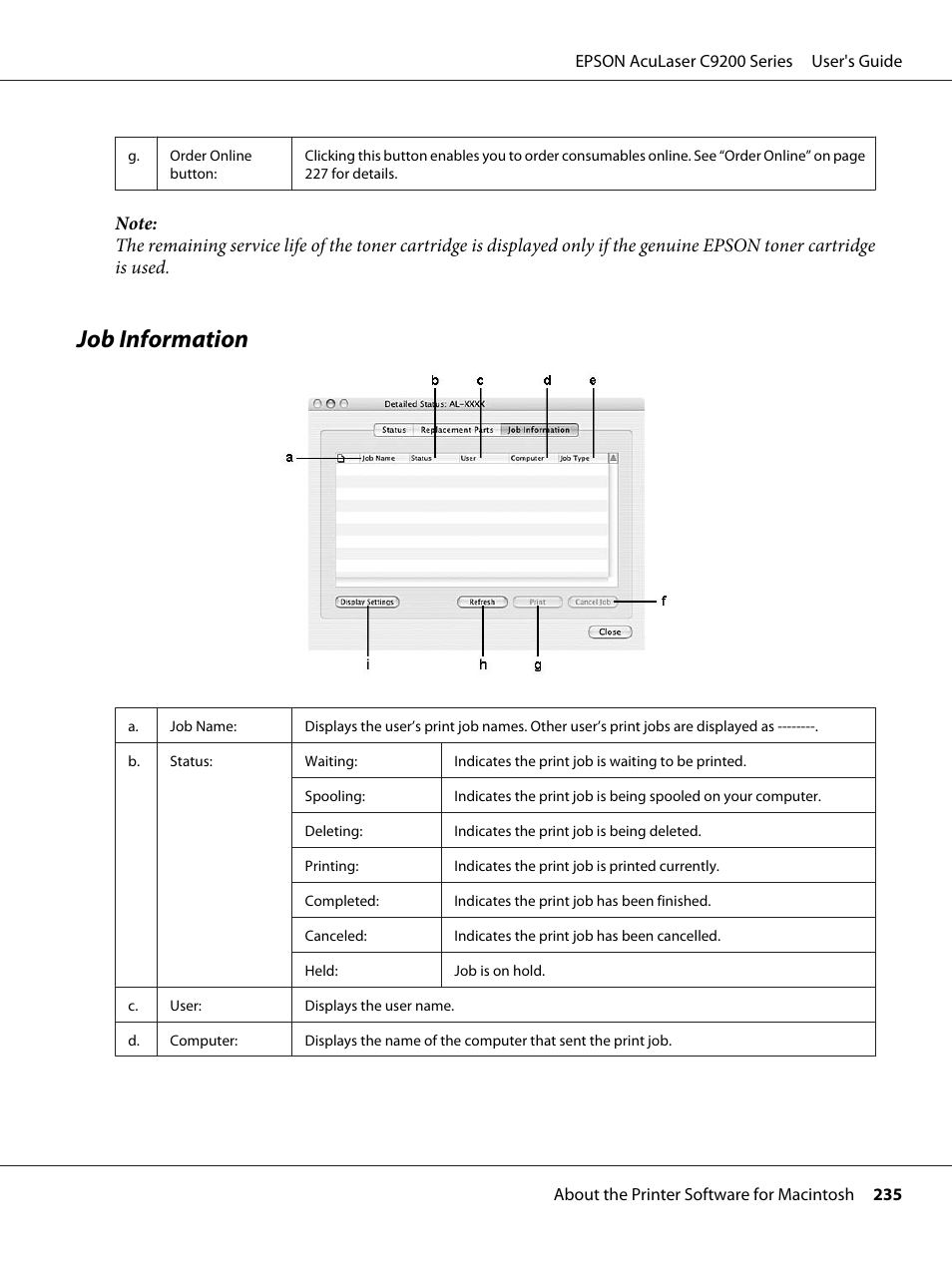 Job information | Epson AcuLaser C9200 Series User Manual | Page 235 / 271