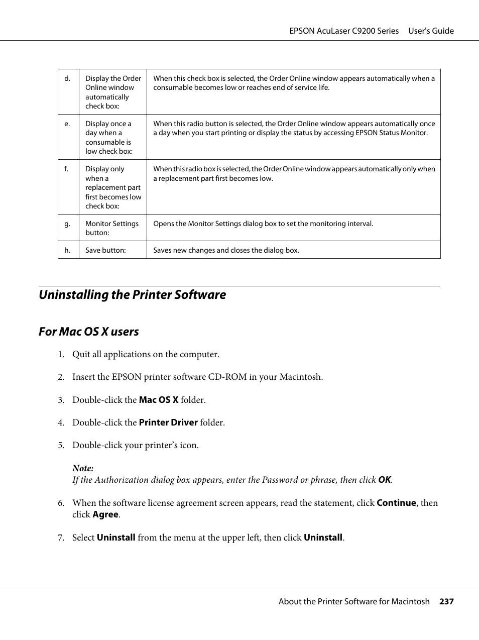 Uninstalling the printer software, For mac os x users | Epson AcuLaser C9200 Series User Manual | Page 237 / 271