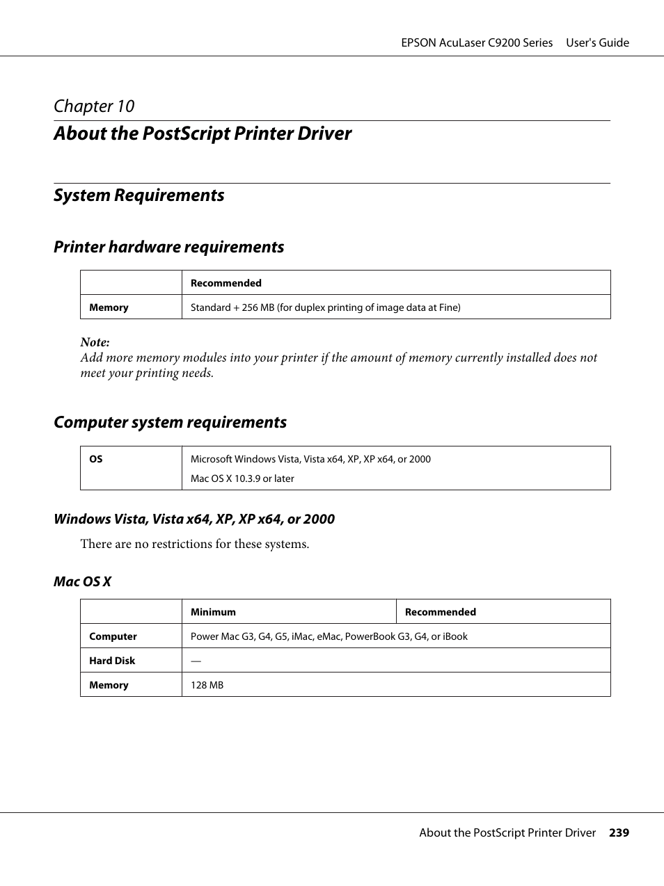 About the postscript printer driver, System requirements, Printer hardware requirements | Computer system requirements, Chapter 10 about the postscript printer driver, Chapter 10 | Epson AcuLaser C9200 Series User Manual | Page 239 / 271