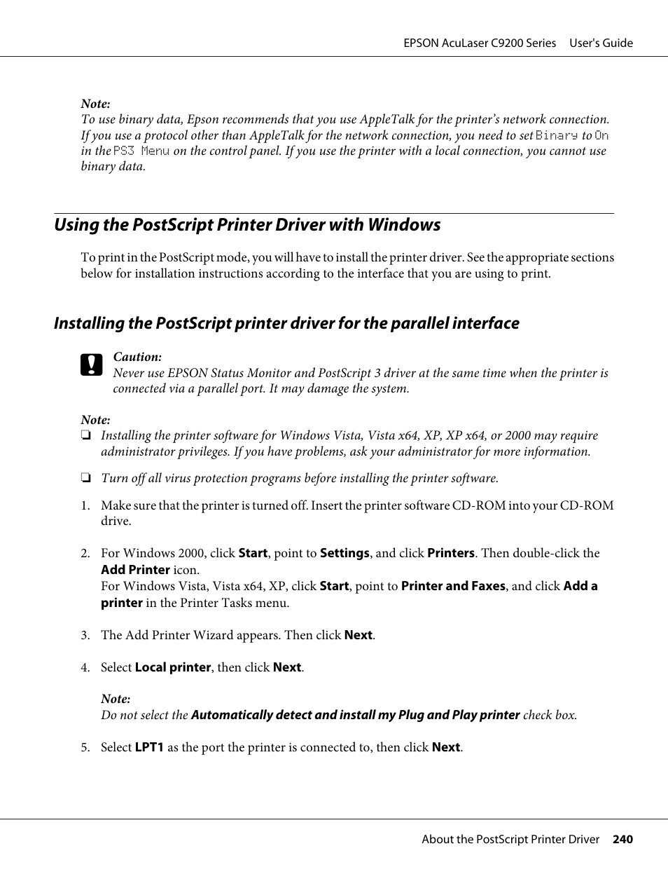 Using the postscript printer driver with windows | Epson AcuLaser C9200 Series User Manual | Page 240 / 271