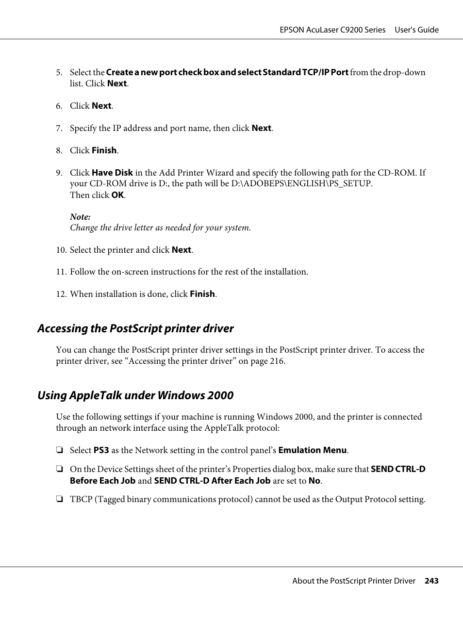 Accessing the postscript printer driver, Using appletalk under windows 2000 | Epson AcuLaser C9200 Series User Manual | Page 243 / 271