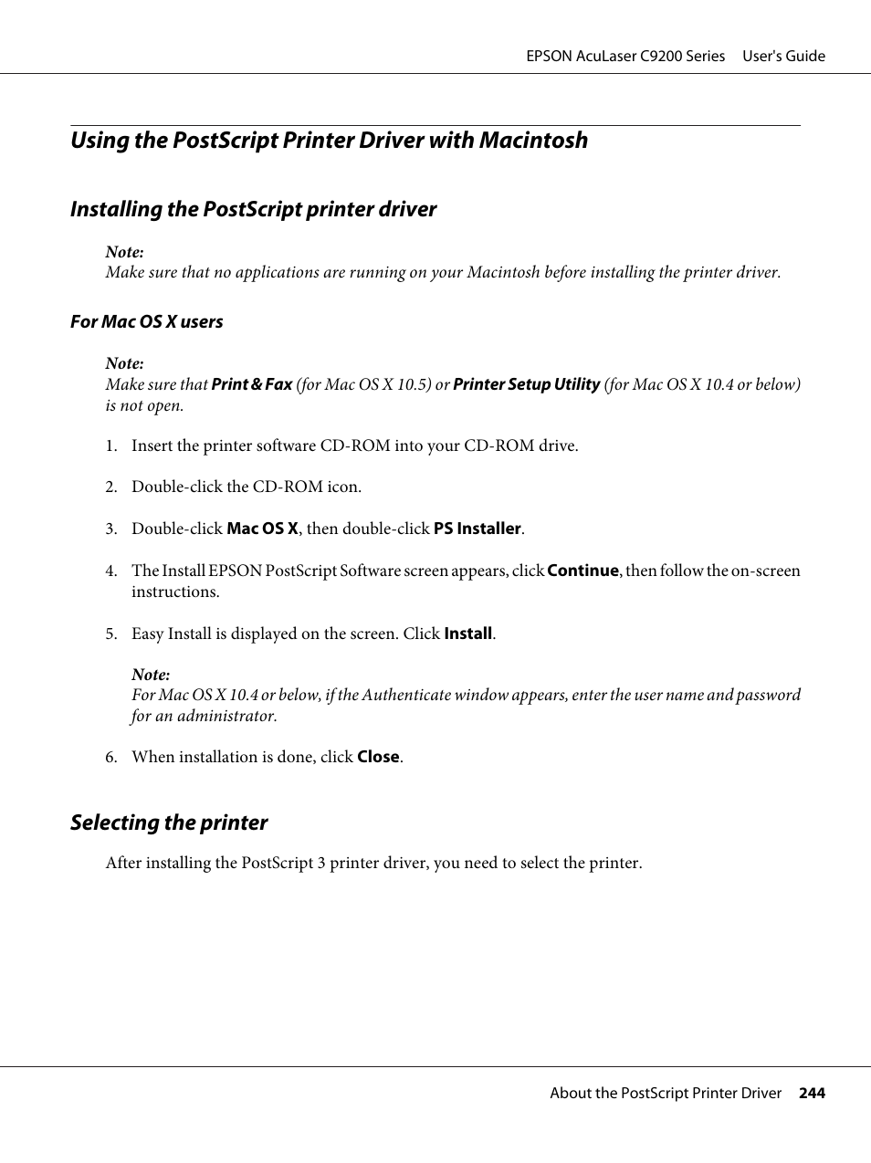 Using the postscript printer driver with macintosh, Installing the postscript printer driver, Selecting the printer | Epson AcuLaser C9200 Series User Manual | Page 244 / 271